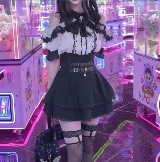 Lolita Style Lace Outfit Double Bow High Waist Skirt [sz:large]