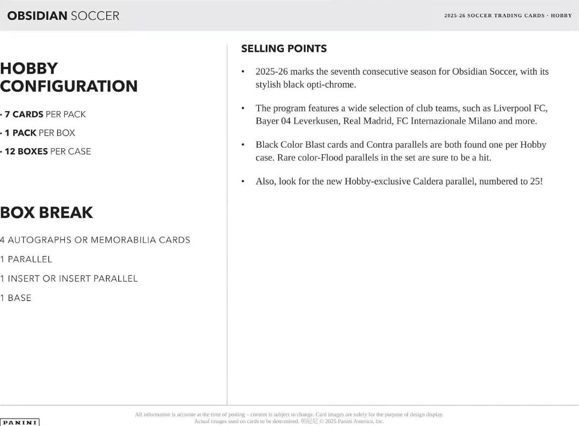 Soccer - 2025/26 Obsidian Soccer Cards Hobby Trading Card