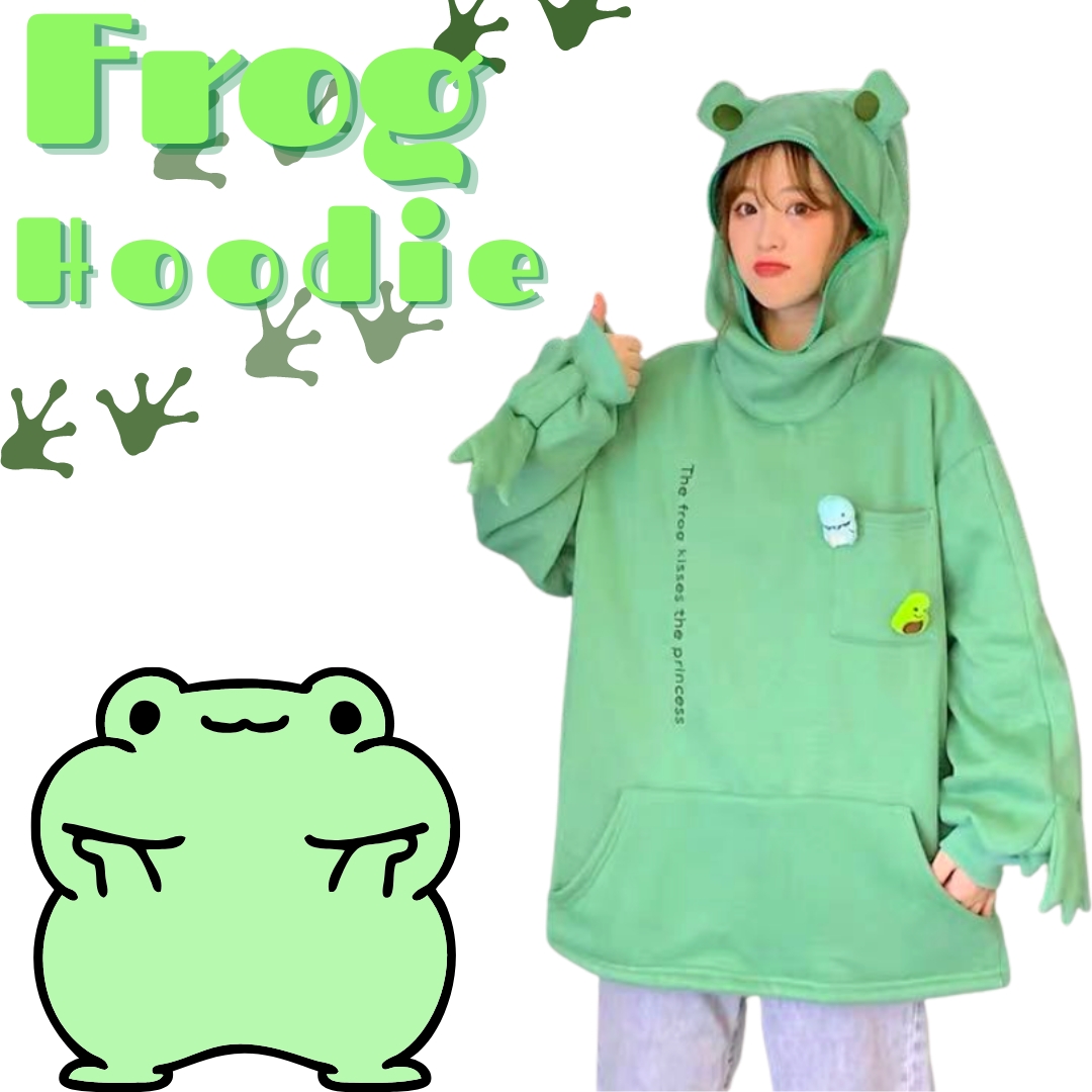 Frog Hoodie Pullover Zipper Mouth Hooded Cotton Sweatshirt Green